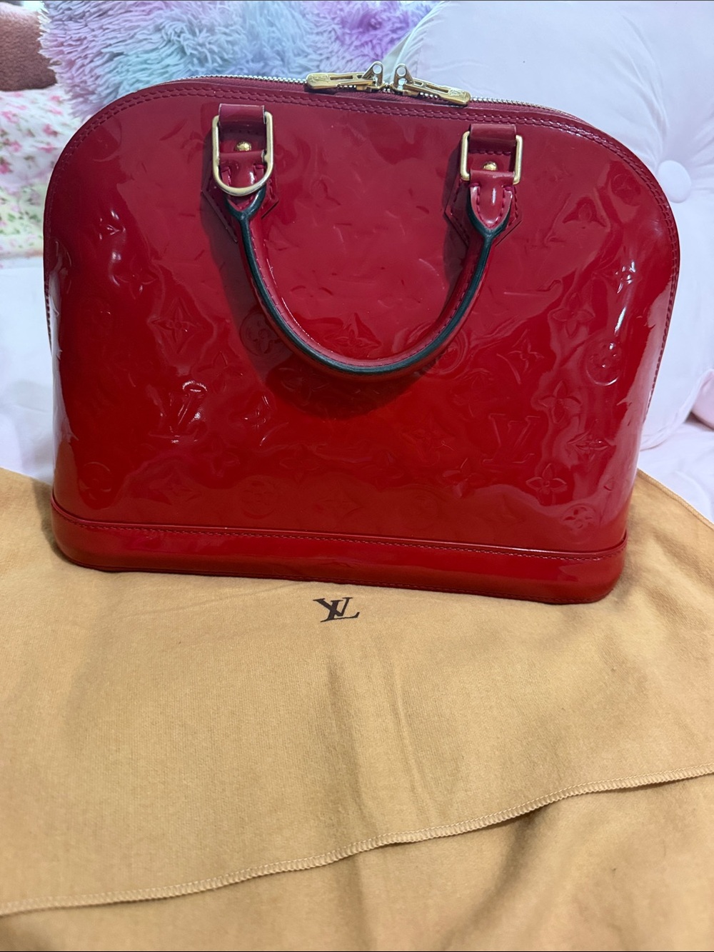 Louis Vuitton Red Patent Alma pm Handbag with Gold Hardware
